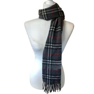 Burberry London Cashmere Scarf Charcoal Grey Check Plaid England 58x12 FLAWS